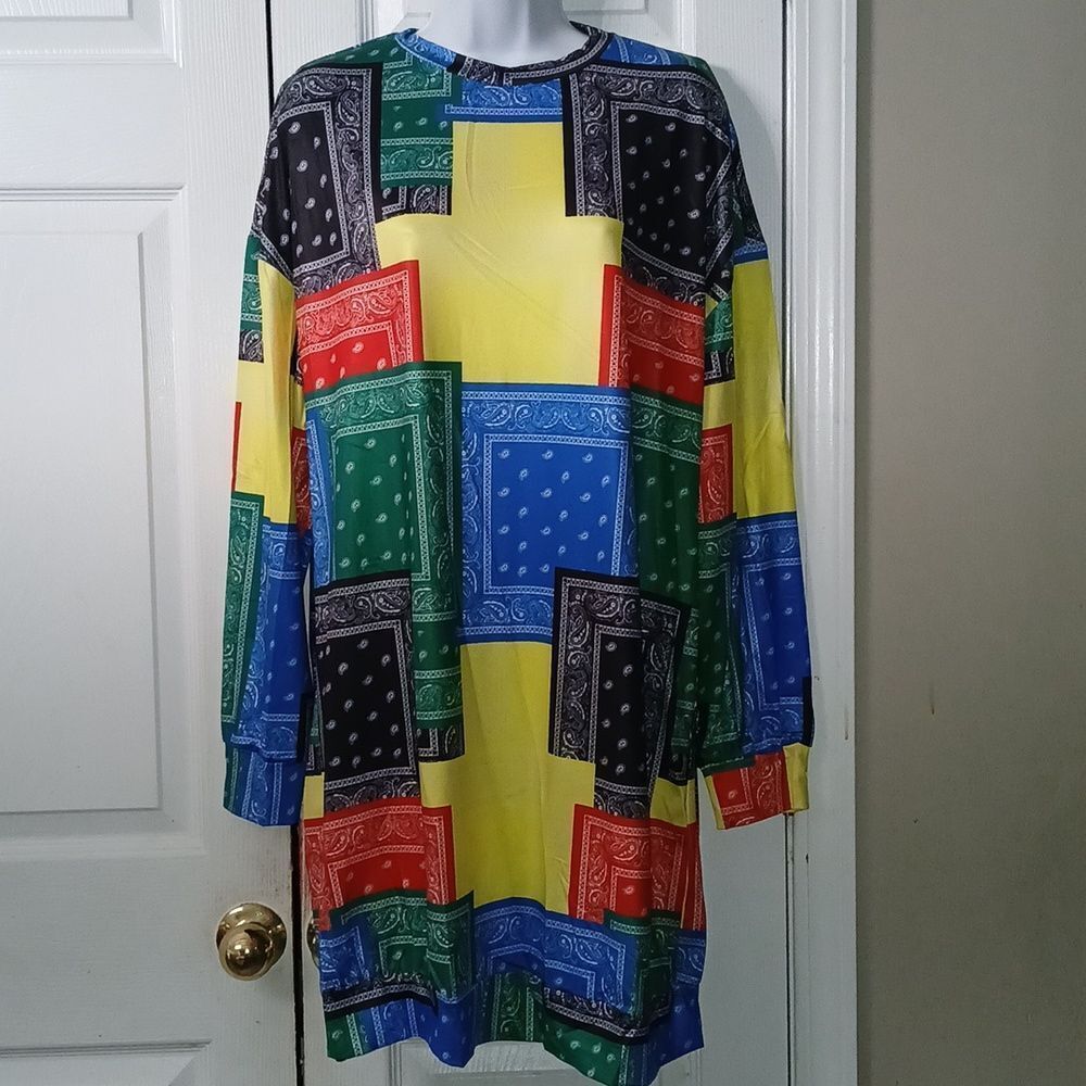 Multicolor bright  bandana print blocked long sleeve dress